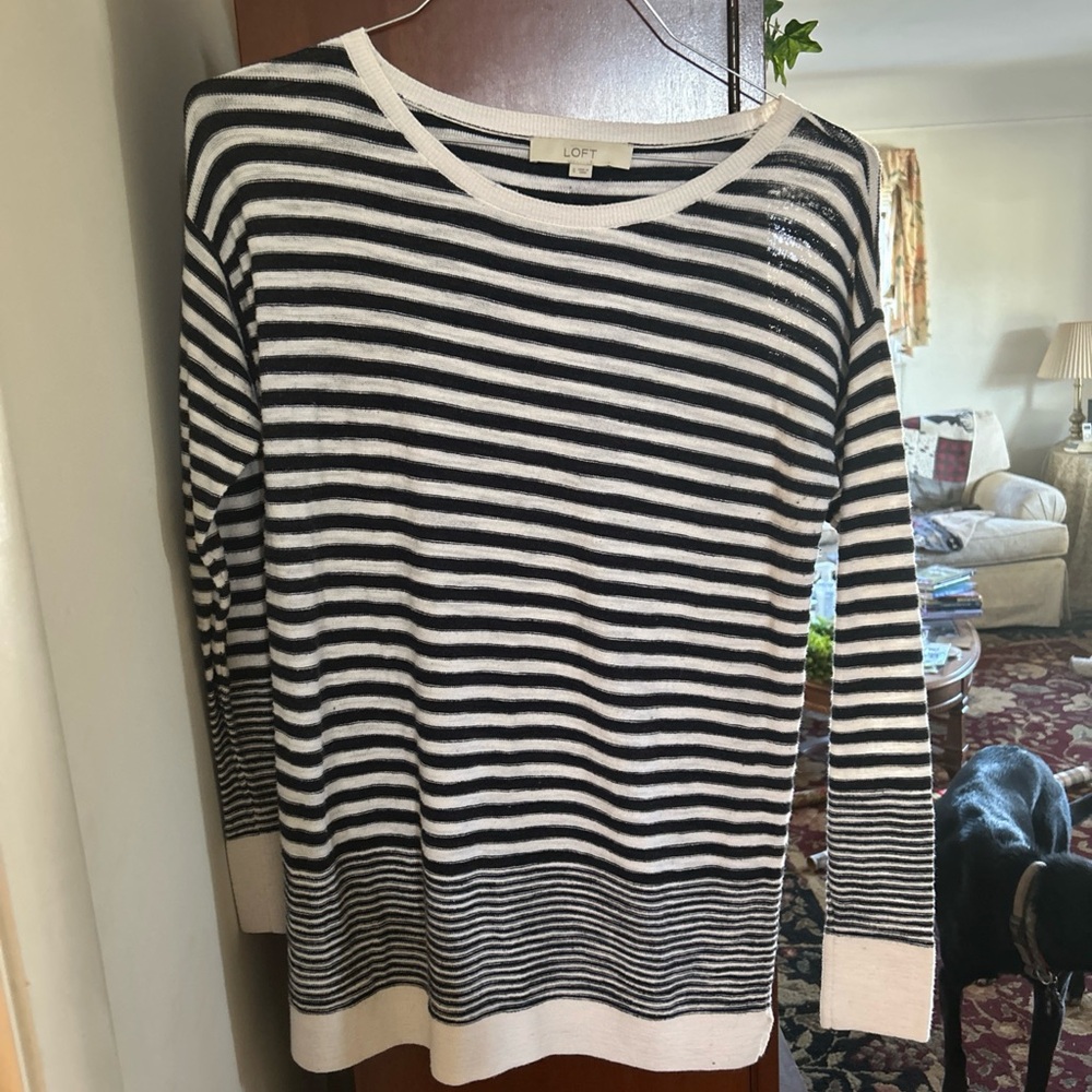 LOFT Navy and White Lightweight Striped Knit Top Size Small